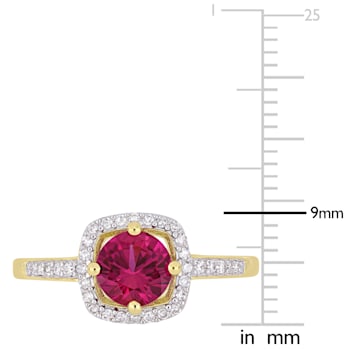 1 CT TGW Created Ruby and 1/7 CT TW Diamond Halo Ring in 10K Yellow Gold