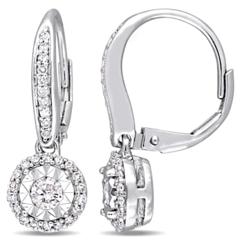 1/2 CT TW Diamond Halo Circular Leverback Earrings in Sterling Silver