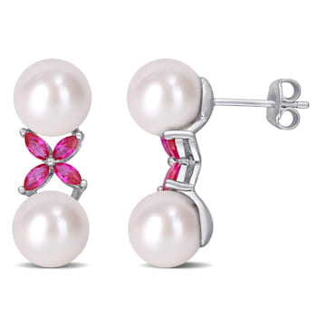 8.5-9MM Cultured Freshwater Pearl and Created Ruby Cross Earrings in
Sterling Silver