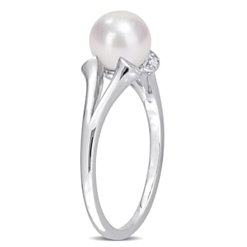 7-7.5MM Freshwater Cultured Pearl and Created White Sapphire Split-Shank
Ring in Sterling Silver