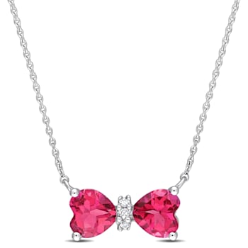 1 CT TGW Pink Topaz and Diamond Accent Bow Necklace in 10K White Gold