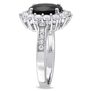 4 3/4 CT TGW Black Sapphire and Created White Sapphire Halo Ring in
Sterling Silver