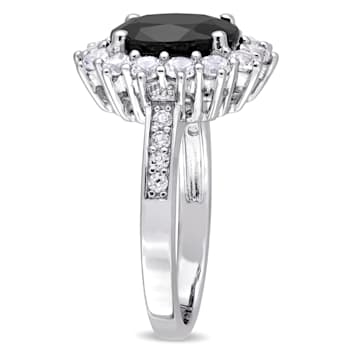 4 3/4 CT TGW Black Sapphire and Created White Sapphire Halo Ring in
Sterling Silver