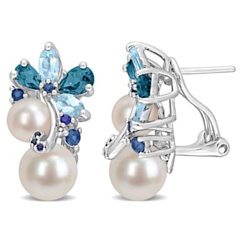 6-8.5MM Freshwater Cultured Pearl and 3 CT TGW Topaz and Sapphire
Earrings in Sterling Silver