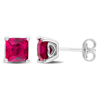 2 1/3 CT TGW Square Created Ruby Stud Earrings in Sterling Silver