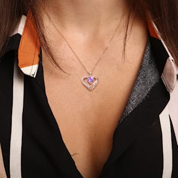 1 5/8 CTW Amethyst and White Topaz Heart 'I Love You' Rose Plated
Sterling Silver Pendant with Chain
