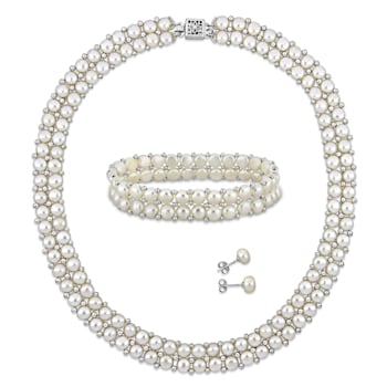 6-8MM Freshwater Cultured Pearl & Bead Double Row Strand, Bracelet
& Earrings Set in Sterling Silver