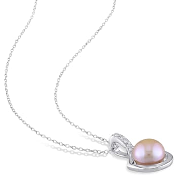 9-9.5MM Pink Freshwater Cultured Pearl & Diamond Earrings &
Pendant Set in Sterling Silver
