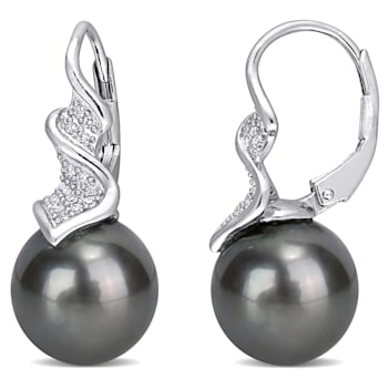 9-9.5MM Black Tahitian Cultured Pearl and 1/6 CT TW Diamond Leverback
Earrings in Sterling Silver