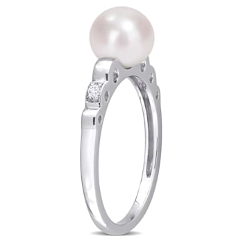 7-7.5MM Freshwater Cultured Pearl and Created White Sapphire Ring in
Sterling Silver
