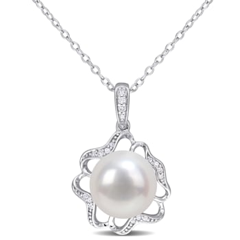 9.5-10MM Freshwater Cultured Pearl and Diamond Accent Floral Pendant
with Chain in Sterling Silver