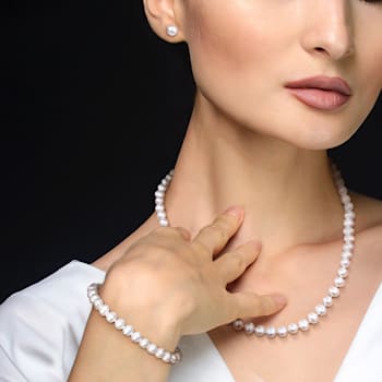 6-7MM Freshwater Cultured Pearl Bracelet, Necklace, and Earrings Set in Brass