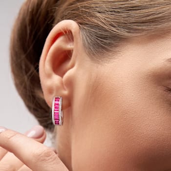 5 1/8 CT TGW Baguette Created Ruby Created White Sapphire Hoop Earrings
in Sterling Silver