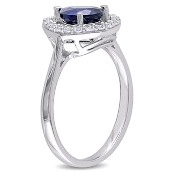 2 1/5 CT TGW Created Blue and White Sapphire Halo Ring in Sterling Silver