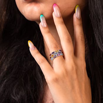 4 1/5 CTW Multi-Gemstone Triple-Row Ring in Yellow Plated Sterling Silver