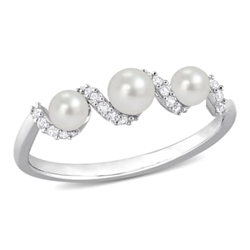 3-4MM Freshwater Cultured Pearl and 1/4 CT TGW Created White Sapphire
Swirl Ring in Sterling Silver