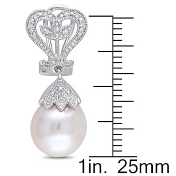 10-10.5 MM Freshwater Cultured Pearl and Diamond Accent Heart Leaf
Earrings in Sterling Silver