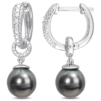 8-8.5MM Black Tahitian Cultured Pearl and Diamond Accent Drop Huggie
Earrings in Sterling Silver