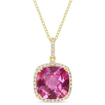 8 3/8 CT TGW Pink Topaz and White Sapphire Halo Pendant with Chain in
Yellow Plated Sterling Silver