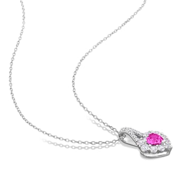 2 7/8 CT TGW Created Pink and White Sapphire Halo Heart Pendant With
Chain in Sterling Silver