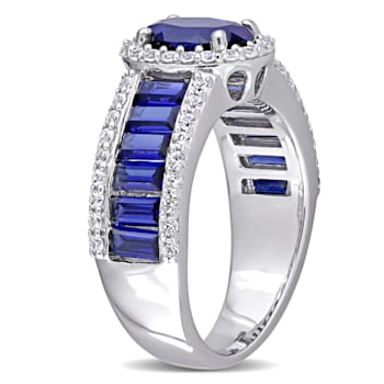 4 3/4 CT TGW Created Blue and White Sapphire Vintage Halo Ring in
Sterling Silver