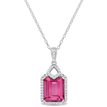 5 3/5 CT TGW Pink Topaz and 1/4 CT TW Diamond Halo Pendant with Chain in
Sterling Silver