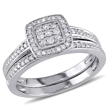 1/4 CT TW Diamond Layered Square Halo Bridal Set in Sterling Silver
