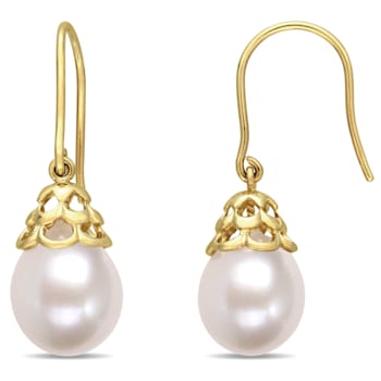 9-10MM Freshwater Cultured Pearl Filigree Drop Earrings in 14K Yellow Gold