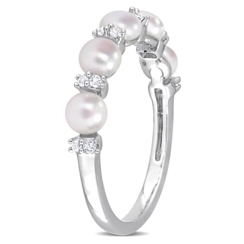 3.5-4MM Freshwater Cultured Pearl and 1/8 CT TGW White Topaz Semi
Eternity Ring in Sterling Silver