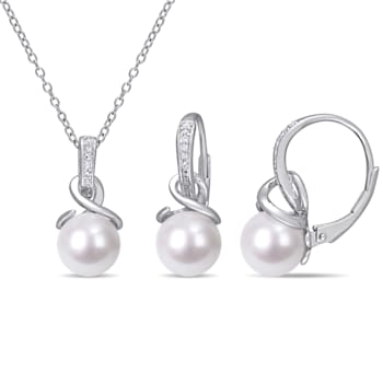 8-8.5MM Freshwater Cultured Pearl and 1/10 CT TW Diamond Earrings and
Pendant Set in Sterling Silver