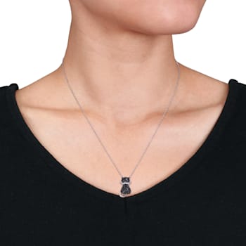 Black Spinel and Created White Sapphire Cat Pendant with Chain in
Sterling Silver with Black Rhodium