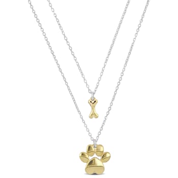 Paw and Bone Charm Double Strand Necklace in 2-Tone Sterling Silver
