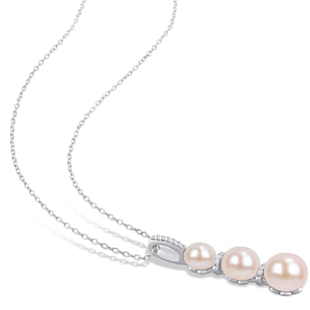 6-8.5MM Freshwater Cultured Pearl and Diamond Drop Pendant with Chain in
Sterling Silver