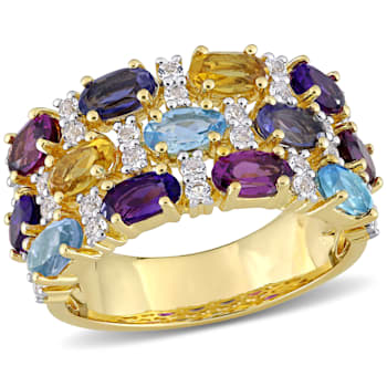 4 1/5 CTW Multi-Gemstone Triple-Row Ring in Yellow Plated Sterling Silver