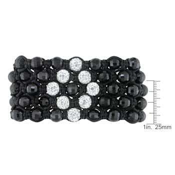 Shambhala Cuff Bracelet on Black Silk Cord with Black and White Cubic
Zirconia and Crystal Beads