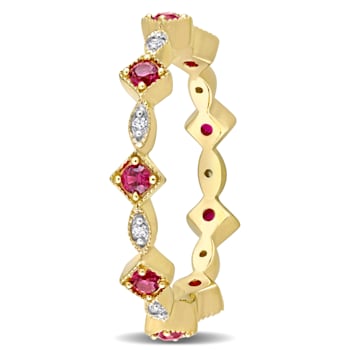 3/8 CT TGW Created Ruby and Diamond Accent Eternity Ring in 10K Yellow Gold