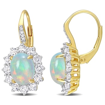 1 3/4 CT TGW Blue Ethiopian Opal, White Topaz and Diamond Earrings in
Yellow Sterling Silver