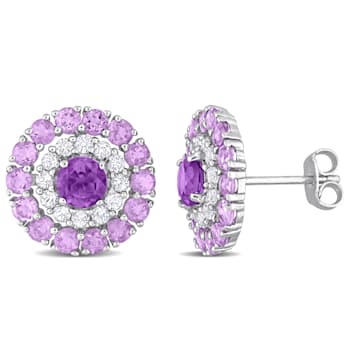 3 1/2 CT TGW Multi Gemstone Halo Stud Earrings in Sterling Silver
