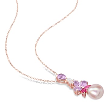 8.5-10MM Freshwater Cultured Pearl & Multigem Earrings &
Necklace Set in Rose Plated Sterling Silver