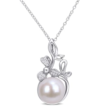 11-12MM Freshwater Cultured and Diamond Accent Floral Pendant with Chain
in Sterling Silver