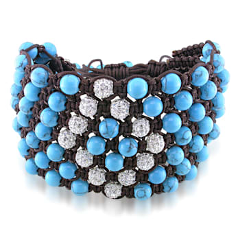 Shambhala Cuff Bracelet on Brown Cotton Cord with Turquoise and White
Cubic Zirconia Beads