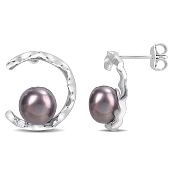 7.5-8MM Black Freshwater Cultured Pearl and White Topaz Open Wave
Earrings in Sterling Silver