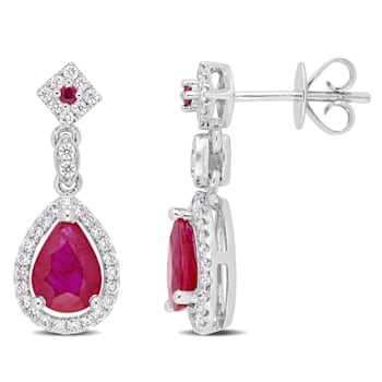 1 3/4 CT TGW Ruby-CN and 1/3 CT TW Diamond Drop Earrings in 14K White Gold