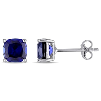 2 1/2 ct Cushion Cut Created Blue Sapphire Stud Earrings in Sterling Silver