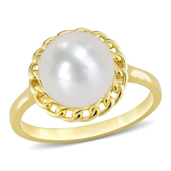 9-9.5MM Freshwater Cultured Pearl Halo Link Ring in Yellow Plated
Sterling Silver