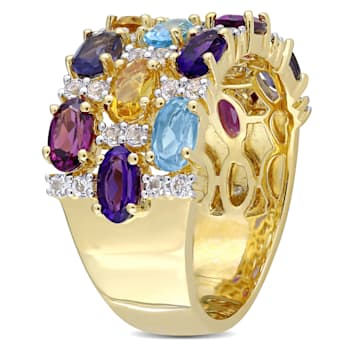 4 1/5 CTW Multi-Gemstone Triple-Row Ring in Yellow Plated Sterling Silver