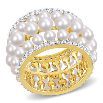 3-4.5MM Freshwater Cultured Pearl & Created White Sapphire Ring in
Yellow Plated Sterling Silver