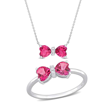 2-PCS Set of 2 1/10 CT TGW Pink Topaz and Diamond Accent Necklace and
Ring in 10K White Gold