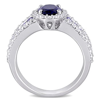 4 3/4 CT TGW Created Blue and White Sapphire Vintage Halo Ring in
Sterling Silver