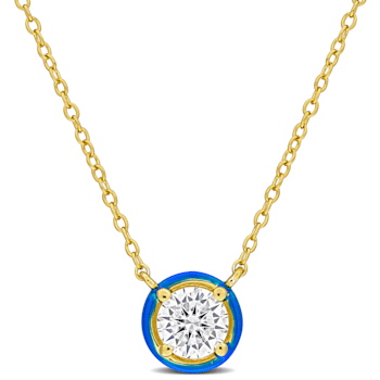 3/4 CT TGW Moissanite with Blue Enamel Halo Solitaire Necklace in Yellow
Plated Sterling Silver